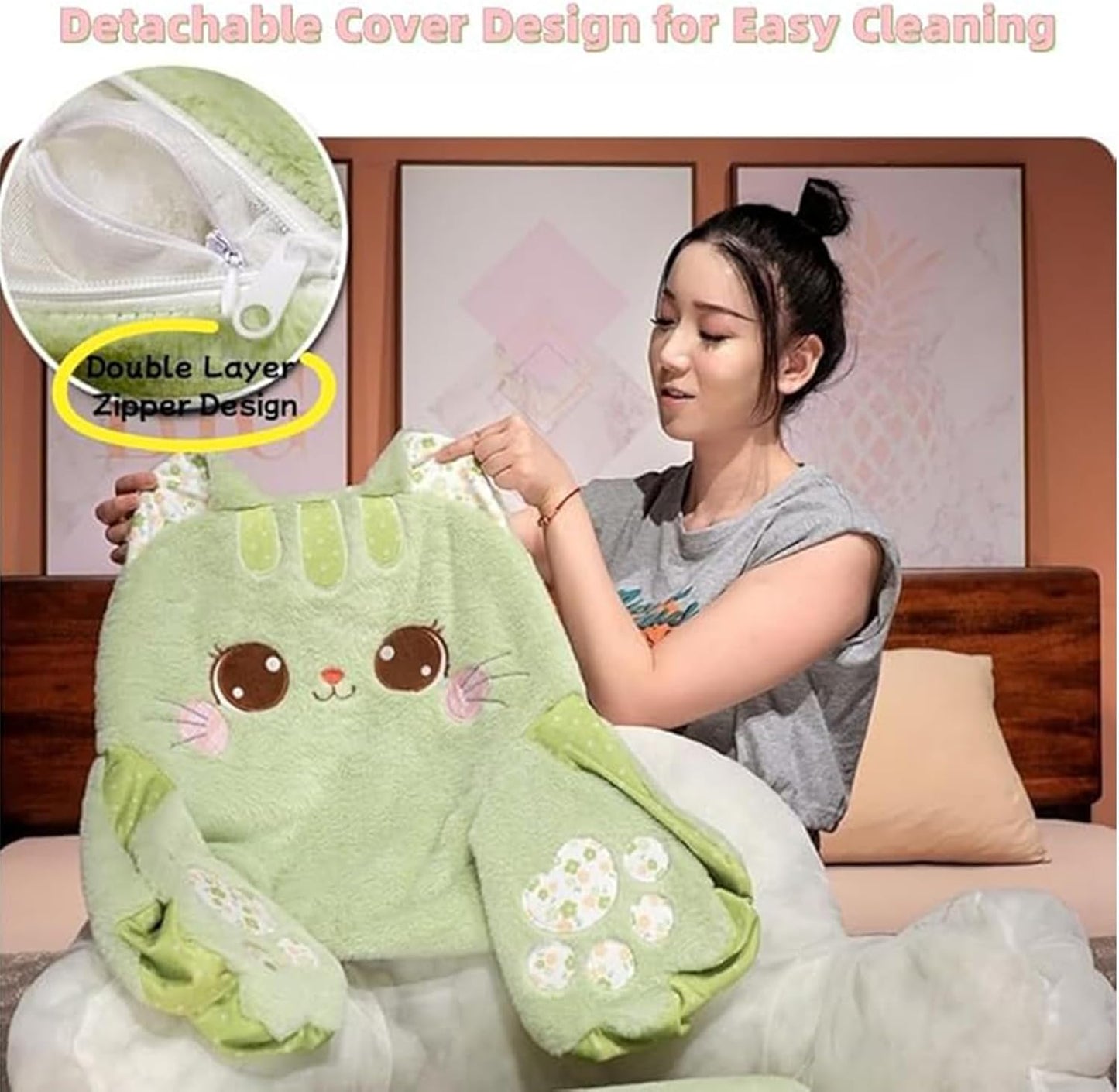 WQHSXXIA Cute Kitty Rest Reading Pillow for Adults, Kawaii Soft Lumbar Pillows Rest Cushion with Washable Cover