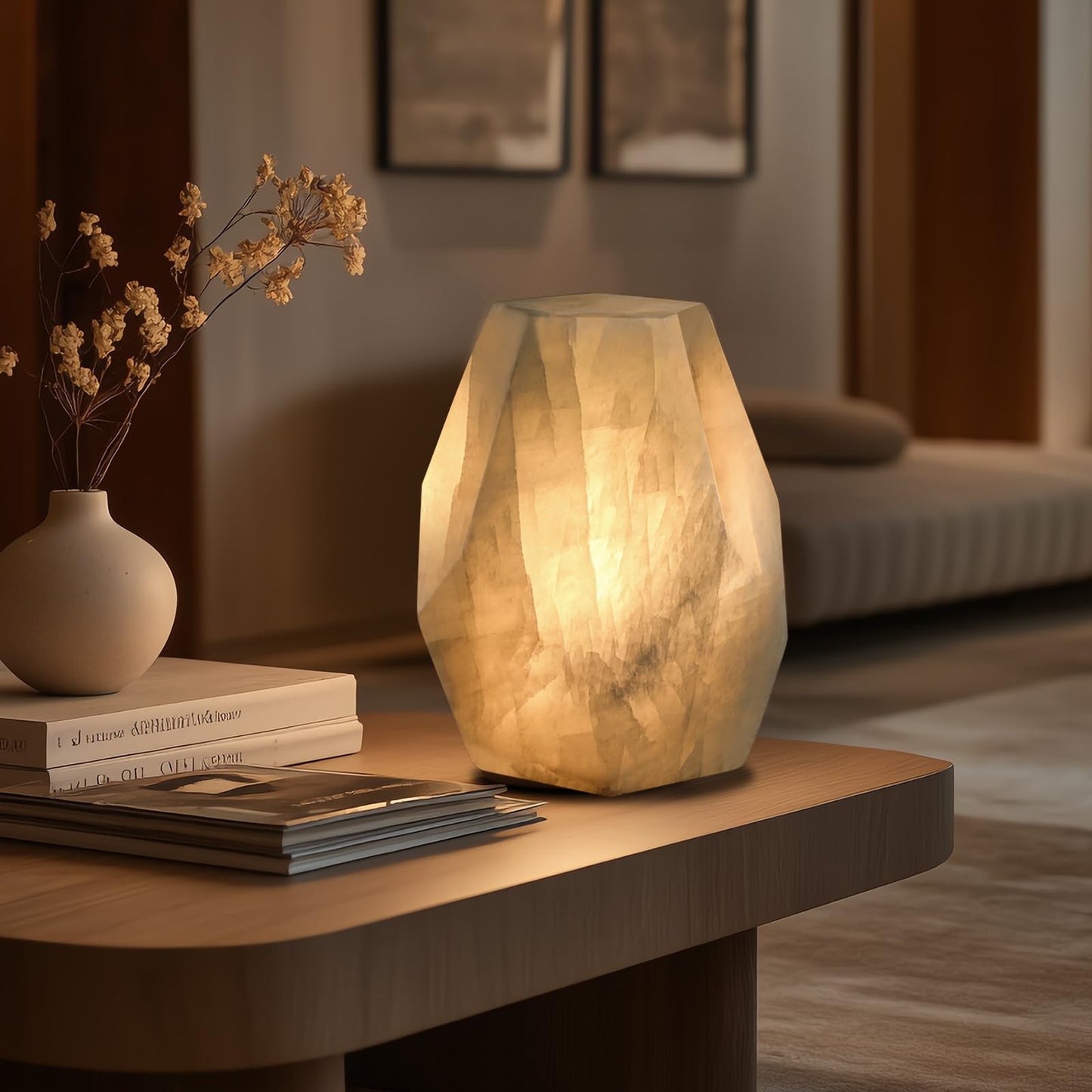 Artsolute Handcrafted Solid Stone Lamp Carved from Natural Calcite, Unique Crystal Texture, Dimmable Small Table Lamp for Bedside, Accent, Pentagon White