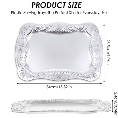10 Pcs Plastic Serving Trays Rectangle Platters for Dessert Display Tray for Decoration Embossed Serving Platter Dish for Parties, Weddings, Engagements, Birthdays (13" x 9",Silver)