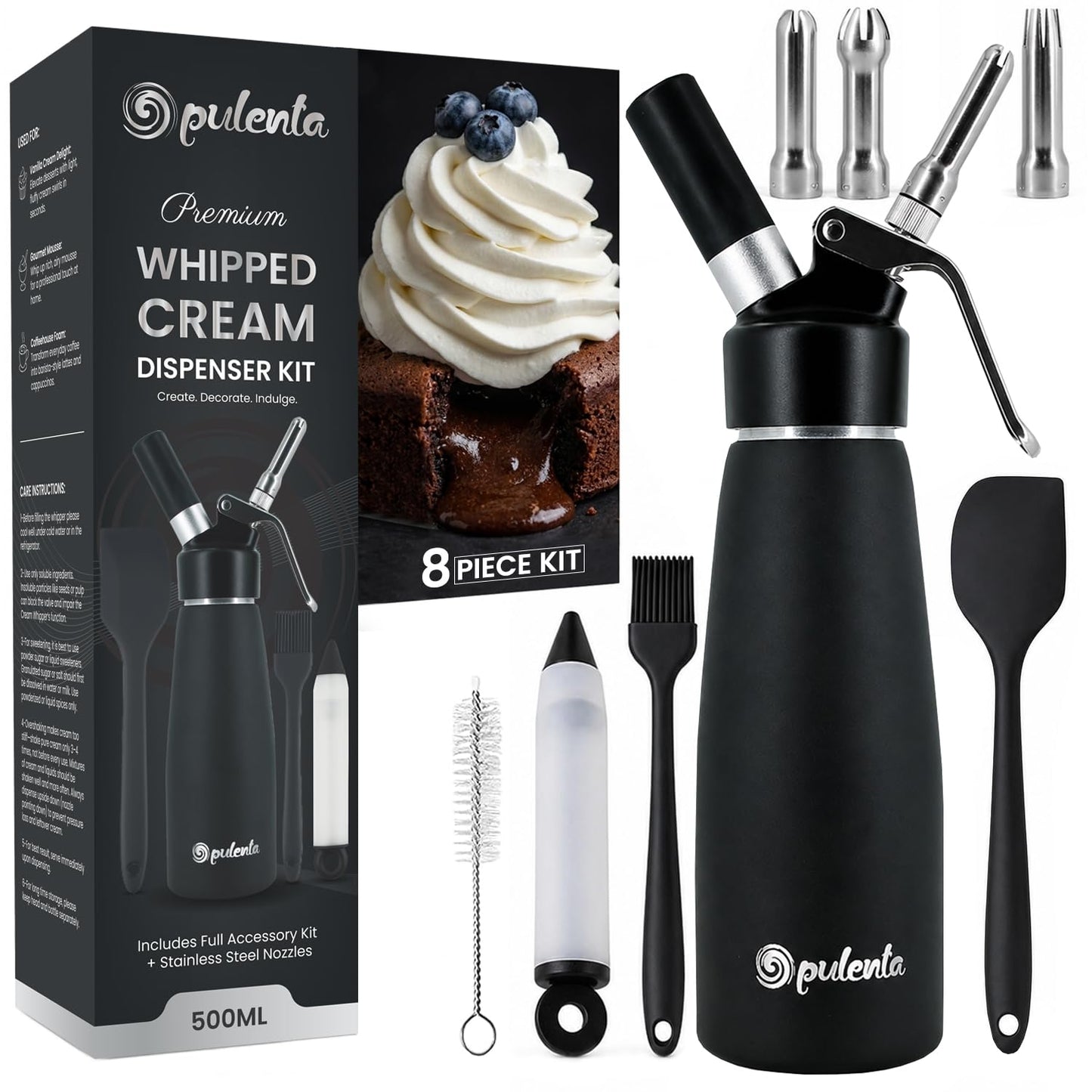 Opulenta Premium Whipped Cream Dispenser – Leak-Proof Whip Maker with 3 Stainless Steel Nozzles, Spatula, Food Pen & Brush – Professional Whipped Cream Maker Canister – N2O Not Included – 500ml