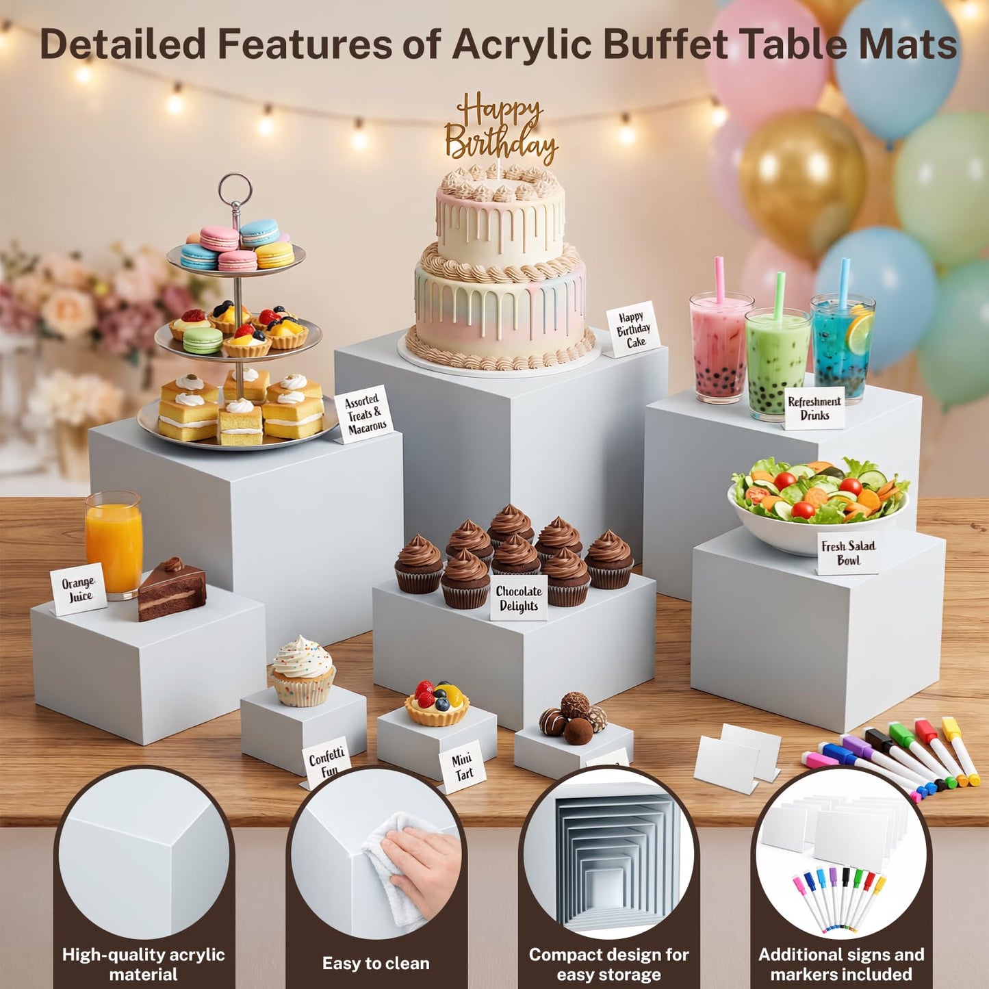 10 Pcs White Acrylic Buffet Risers with Mini Sign and Marker, Food Risers Display Stands for Buffet Table Party Catering Dessert Jewelry Collectibles,Acrylic Cube Nesting Boxes with Hollow Bottoms 8 Sizes (10" 9" 8" 7" 6" 5" 4" 4" 3" 3")