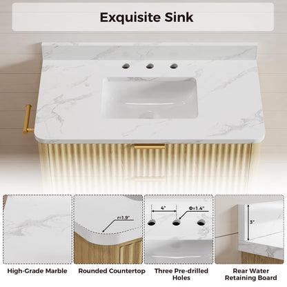 IRONCK 36 inch Bathroom Vanity with Ceramic Sink, Freestanding Wood Grain Sink Cabinet with 3 Storage Drawers (2 Standard + 1 Flip-Down), Farmhouse