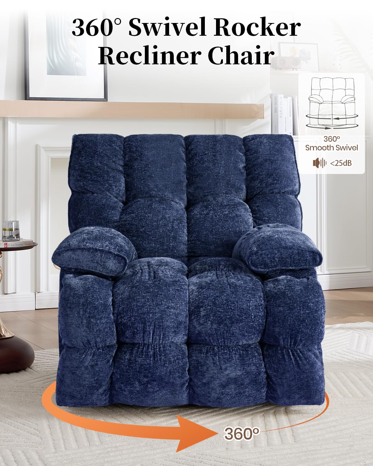 GARTMILAN Oversized Manual Recliner Chair with 360° Swivel, Big and Tall Rocker Glider for Nursery Living Room, Chenille Overstuffed Reclining Sofa with Handle, 375lbs (Blue, Manual)
