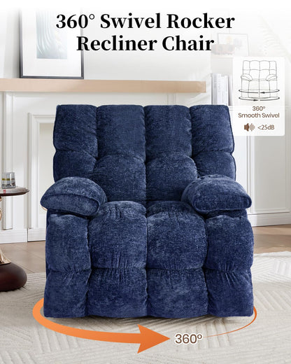 GARTMILAN Oversized Manual Recliner Chair with 360° Swivel, Big and Tall Rocker Glider for Nursery Living Room, Chenille Overstuffed Reclining Sofa with Handle, 375lbs (Blue, Manual)