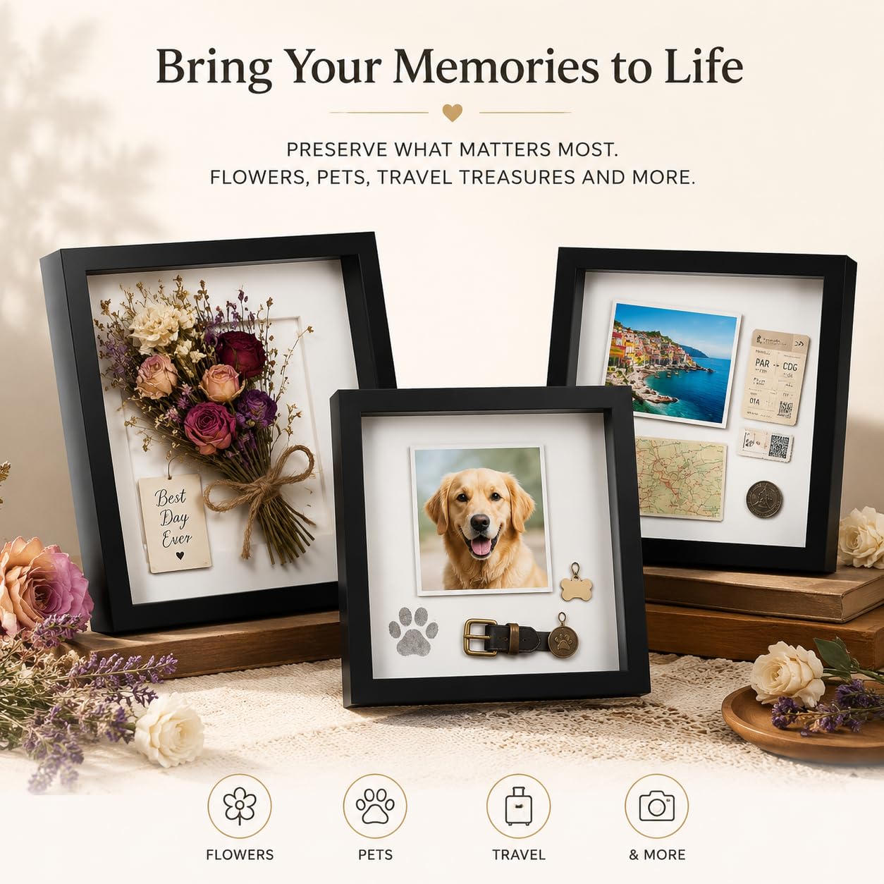 4 Pack Shadow Box Frame Display Cases, 8"x 8" Wood Deep Black Handicrafts Shadowbox Picture Frame for Flowers Jersey Baby Wedding Dress (Black)