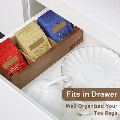 HTB Small Wooden Tea Bag Box 2PCS, 3 Compartments Acacia Wood Tea Bag Chest with Handle, Mini Countertop Divided Storage Container for Beverage Supplies, Sugar, Sweeteners, Individual Packets