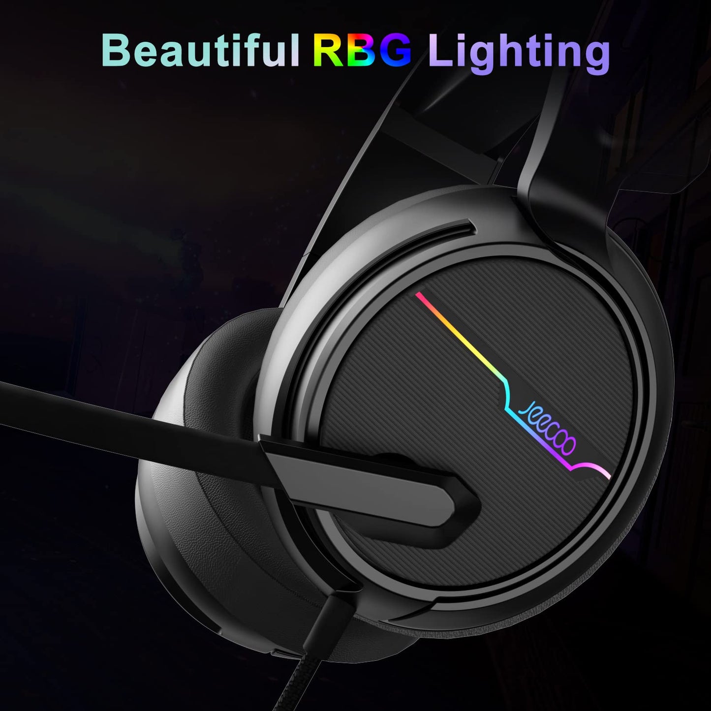 Jeecoo V20U USB Pro Gaming Headset for PC - 7.1 Surround Sound Headphones with Noise Cancelling Microphone- Memory Foam Ear Pads RGB Lights for Laptops