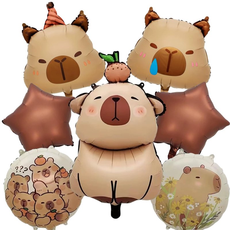 7 PCS 24" Capybara Foil Balloons - Animal Theme Birthday Decorations for Baby Shower, Gender Reveal Party Supplies, Durable Aluminum Mylar Balloons with Hanging Strings & Star Accents