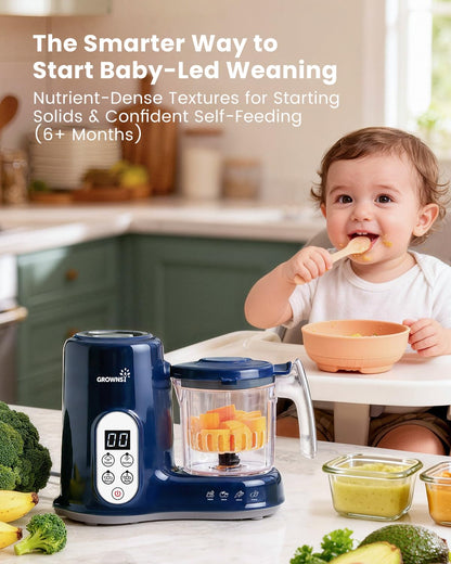 Grownsy Baby Food Maker with Steam Basket, One Step Baby Food Processor Steamer Puree Blender Grinder Mills Machine, Auto Cooking Grinding and Sterili-zing for Healthy Homemade Baby Food, Dark Blue