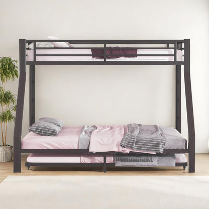 Heavy-Duty Metal Twin XL Over Queen Bunk Bed with Trundle for Teens Adults,Higher Quality Steel Queen Size BunkBed with 2 Vertical Ladders ,Noise Free for Small Bedroom, Weight Capacity 700LBS (Black)