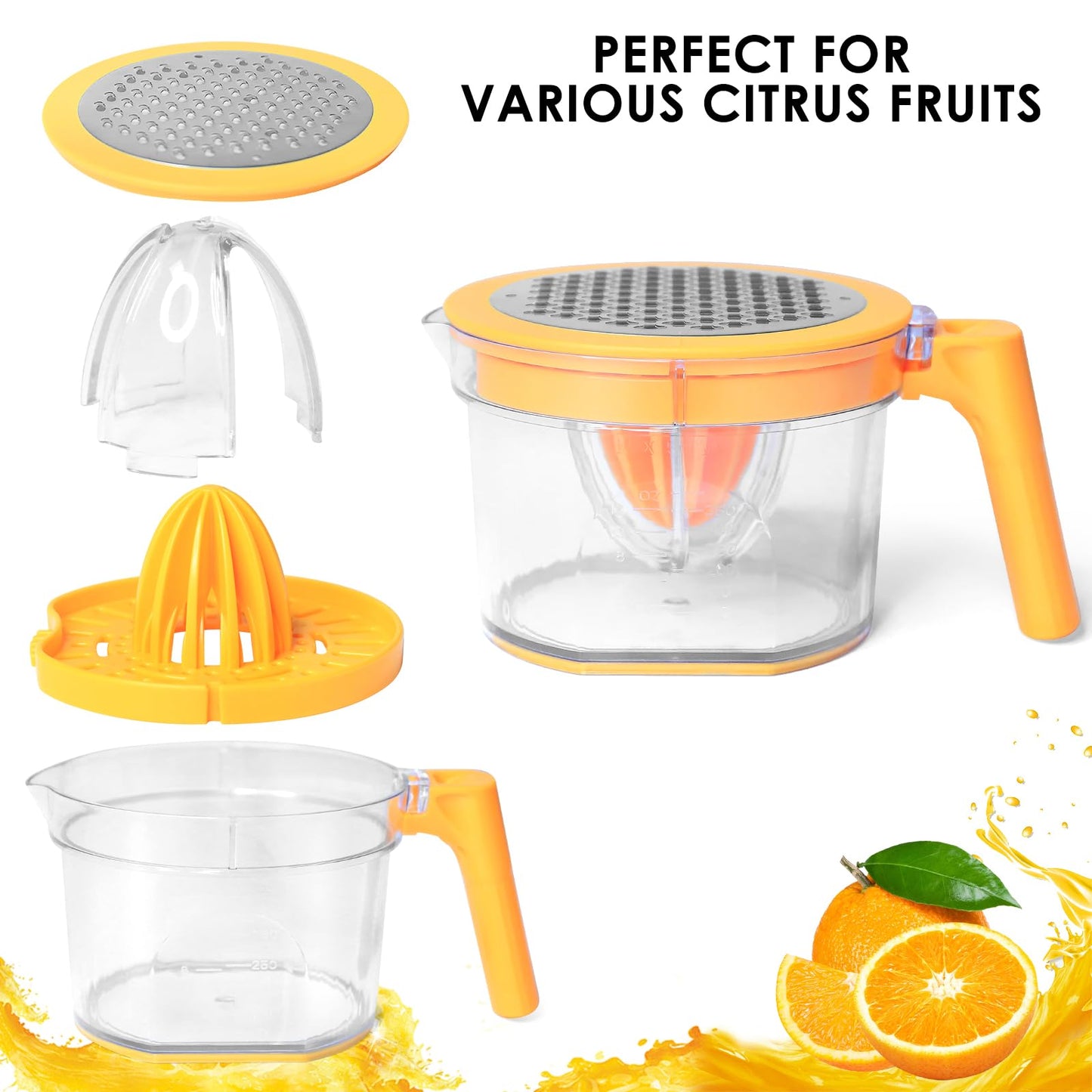 Lemon Squeezer 4-in-1 Lemon Hand Juicer - ChefVille Manual Orange Juicer Multifunctional Lemons Lime Squeezer, Citrus Juicers Press Fruit with Detachable Comfortable Handle, 16.9oz Capacity (ORANGE)