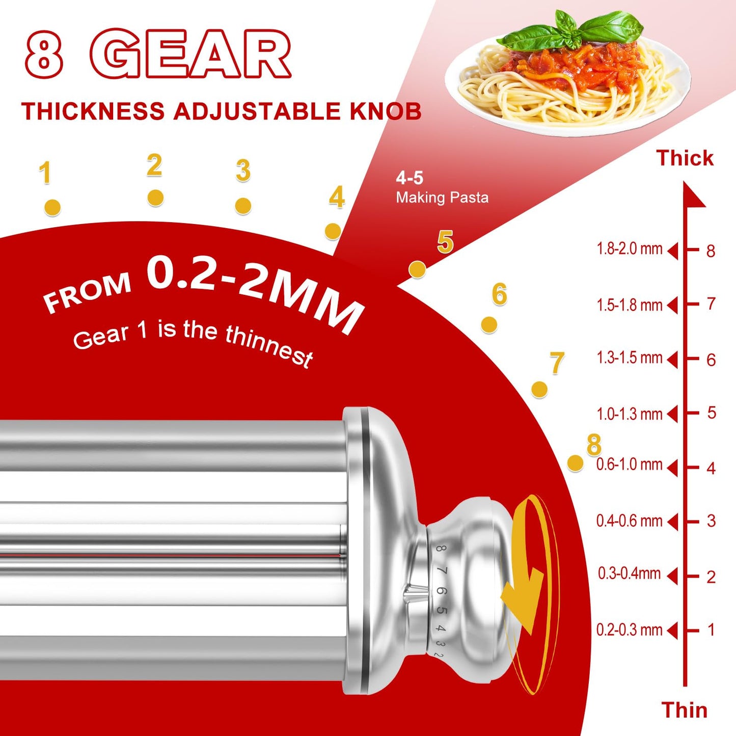 3PCS Pasta Maker Attachment for All Kitchenaid Stand Mixers, Stainless Steel Pasta Attachments Include Spaghetti Cutter & Fettuccine Cutter, Pasta Roller with 8 thickness knob