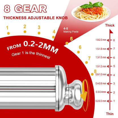 3PCS Pasta Maker Attachment for All Kitchenaid Stand Mixers, Stainless Steel Pasta Attachments Include Spaghetti Cutter & Fettuccine Cutter, Pasta Roller with 8 thickness knob