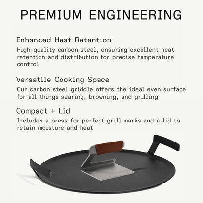 Made In Cookware | Seasoned 17" Round Carbon Steel Griddle + Grill Press - (Like Cast Iron, but Better) | Professional Cookware | Crafted in Sweden | Induction Compatible