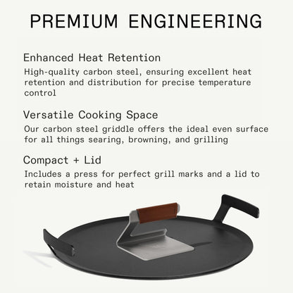 Made In Cookware | Seasoned 17" Round Carbon Steel Griddle + Grill Press | Professional Cookware | Crafted in Sweden | Induction Compatible