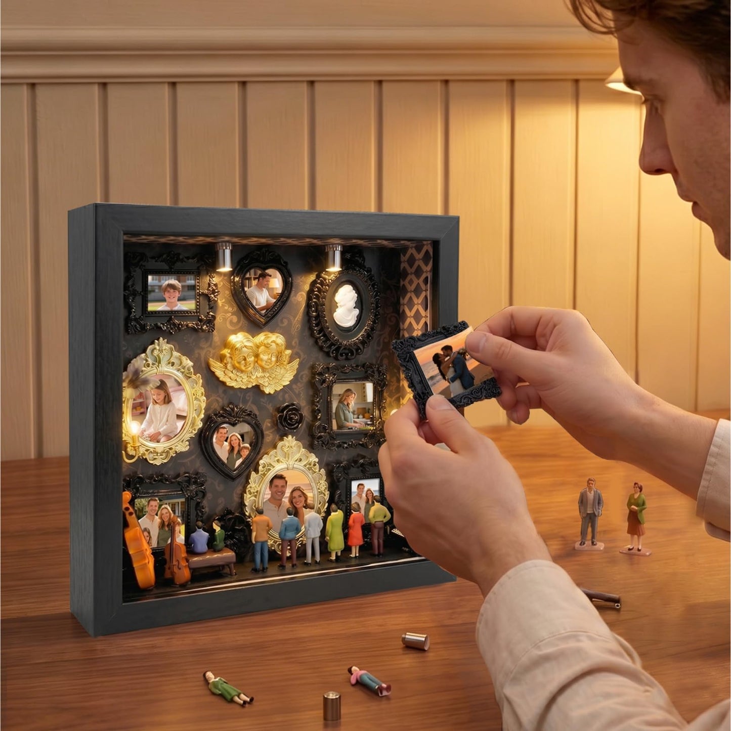 YXESO DIY Mini Museum Silhouette Box for Mother's Day, Shadow Box Frame with Gold Mini Picture Frames & People Figurines for Anniversary, Home Decor