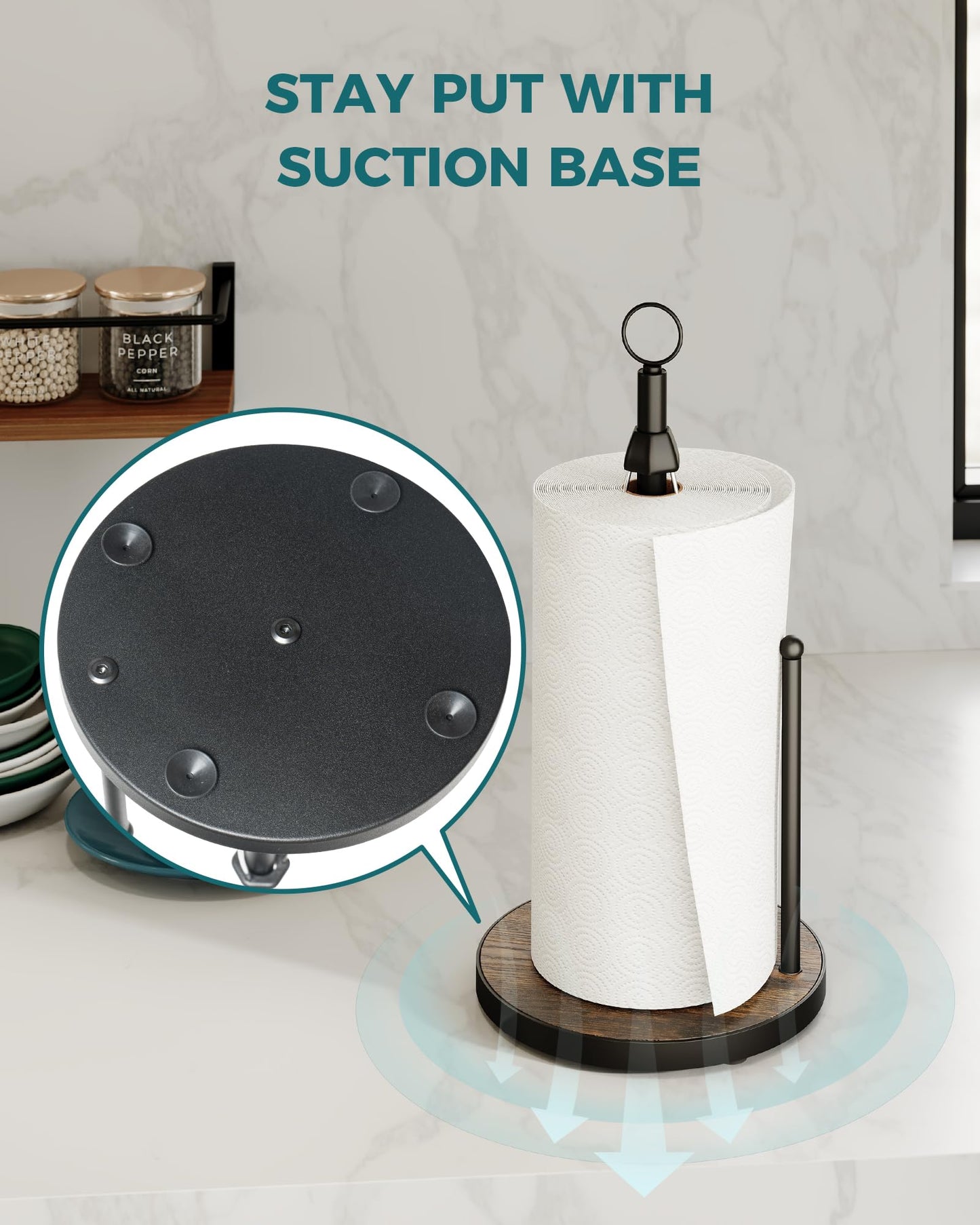OROPY One-Hand Tear Paper Towel Holder Countertop, Farmhouse Wood Paper Towel Roll Holder with Ratchet Mechanism and Suction Cups fits Standard and Jumbo Size Paper Towels
