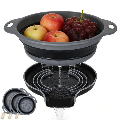 Collapsible Colander Set of 3 with Kitchen Counter Self-draining Base, Round Silicone Food Foldable Strainer for Cooking Pasta, Vegetables and Fruit (3QT, 4QT and 5QT), Black