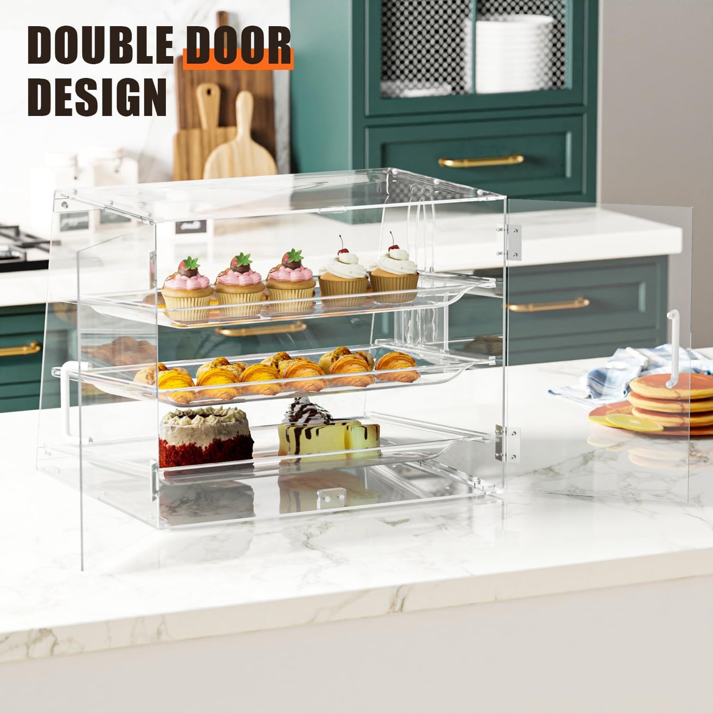 2PCS 3-Tier Commercial Countertop Bakery Display Case with Rear Doors, 20.9 x 17.3 x 16.7 inches, Clear Countertop Cabinet for Pastries and Desserts