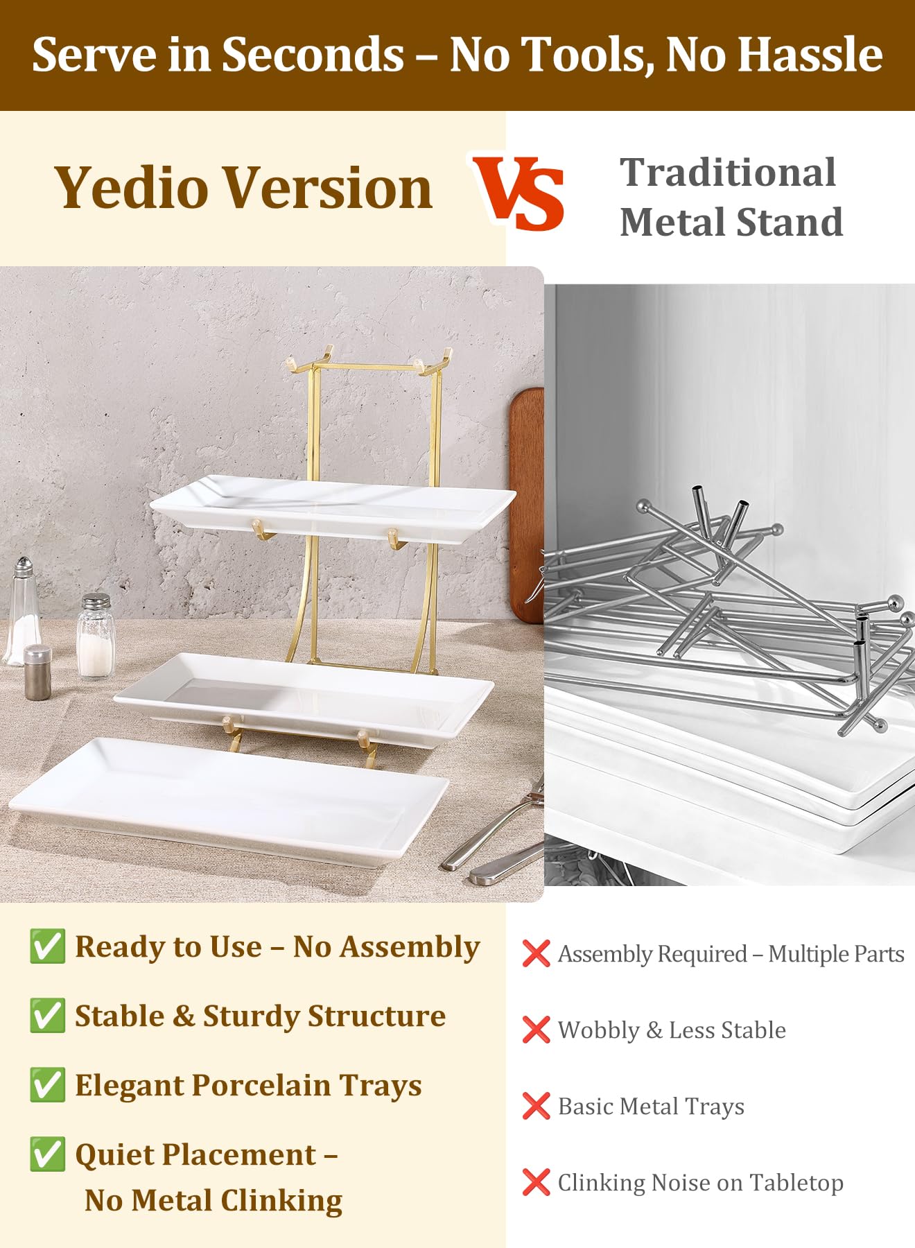 Yedio 3 Tier Serving Tray Set – 12 Inch Porcelain Serving Platters with Pre-Assembled Gold Metal Stand, No Installation Required, Tiered Tray for Dessert Fruit Food Display and Party Entertaining