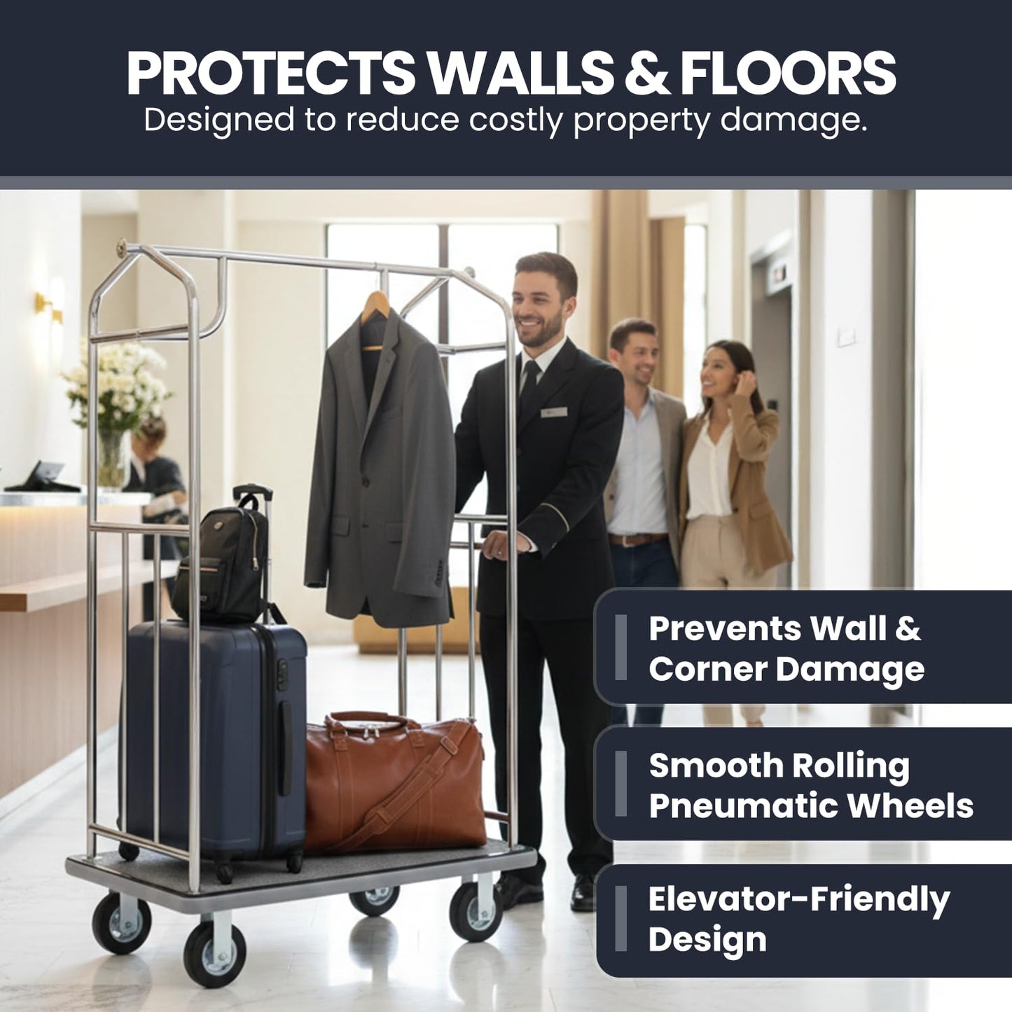 Wholesale Hotel Products Chrome Steel Luggage Cart – 800lb Capacity – Bellman Cart w/ 6” Air Filled Tires & Gray Carpet, for Hotel, Resorts, Condos, Commercial Use (Value Valet Series)