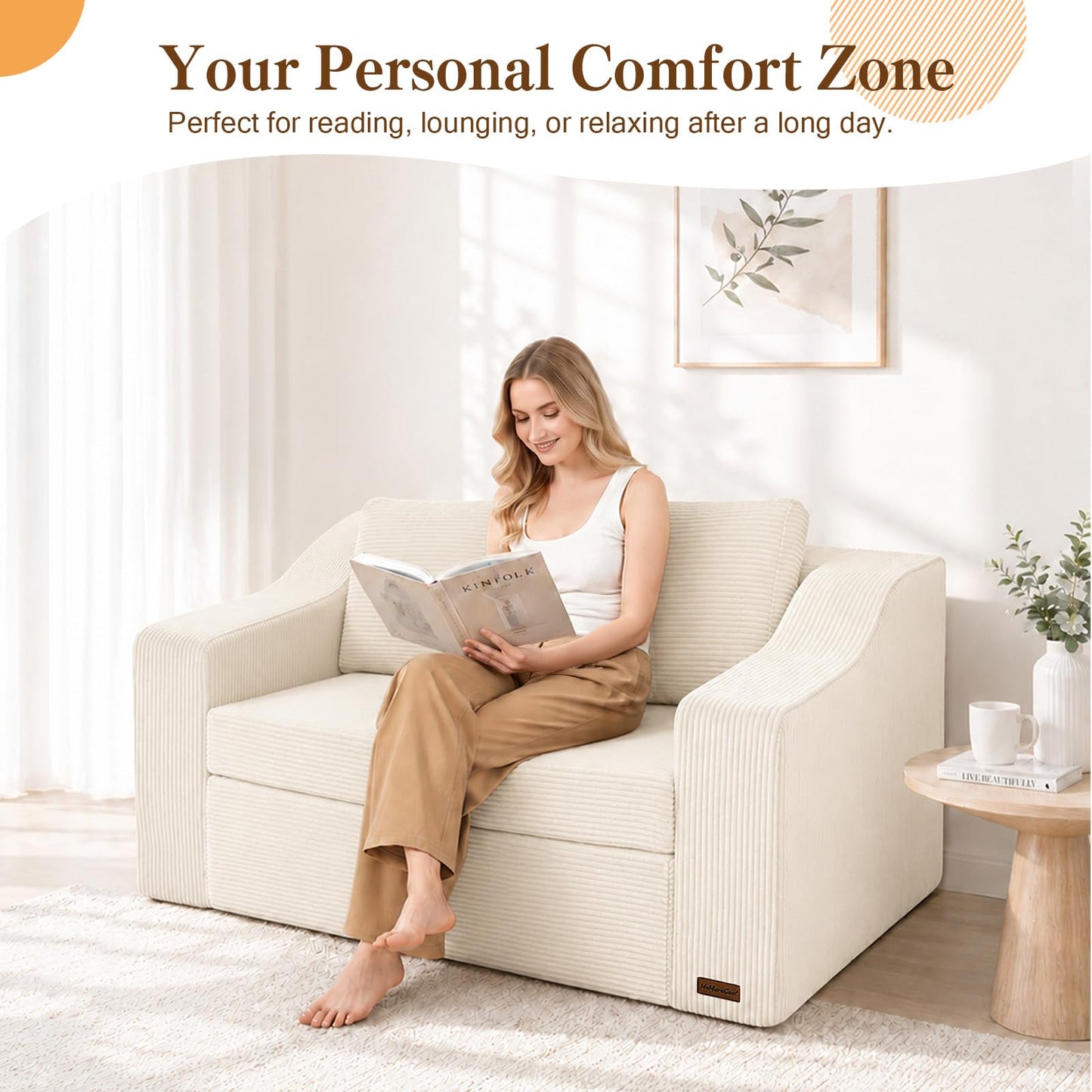 MeMoreCool Convertible Sofa Bed, Pull Out Loveseat Sofa Sleeper Couch for Bedroom Living Room Lounge, 2 in 1 Small Couch Bed with Pillow, Foldable Love Seat Futon Corduroy Beige