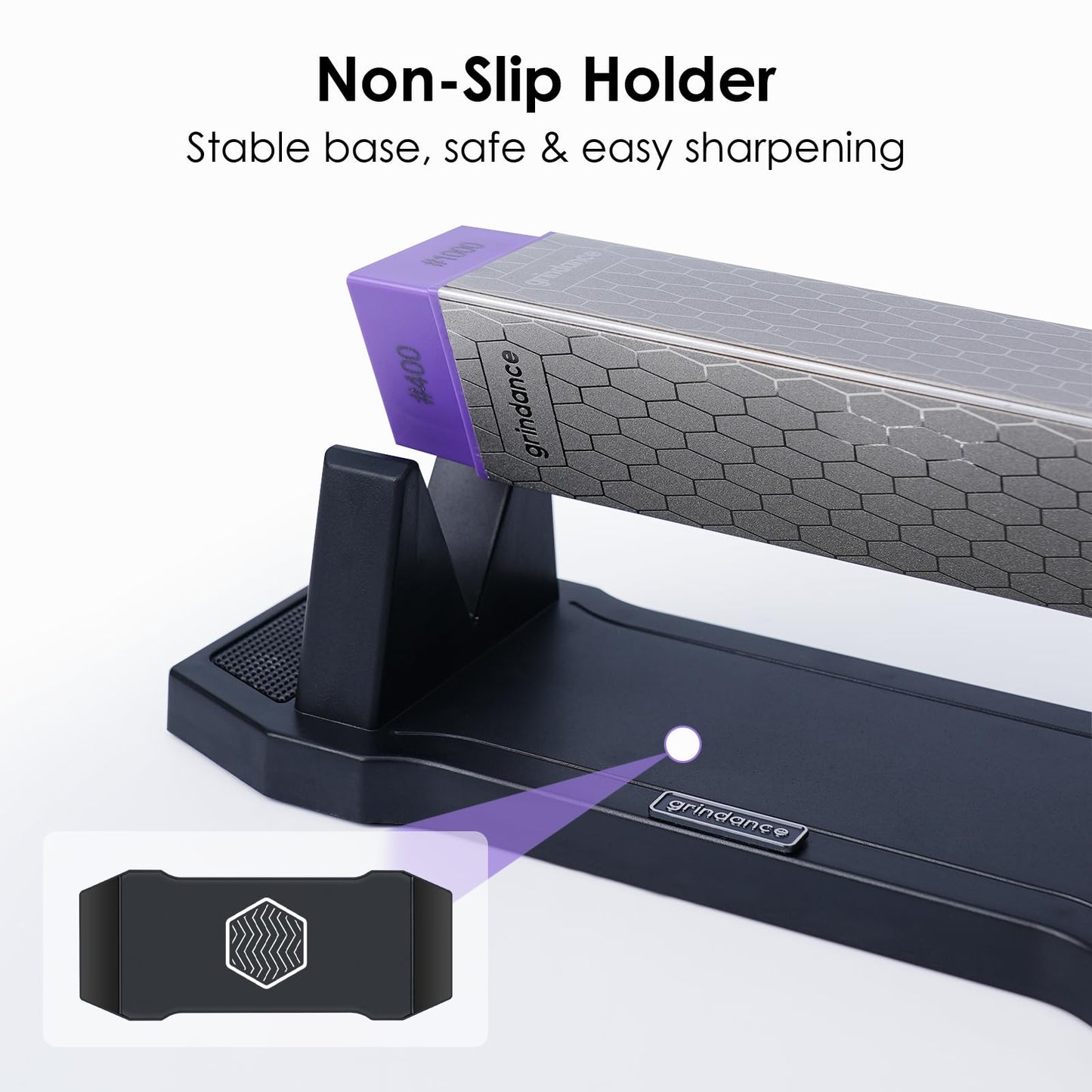 Grindance 3-Sided Diamond Sharpening Stone 400/1000/8000 Grit Whetstone with Angle Guide, Non-Slip Base, Leather Strop & Glove Premium Knife Sharpener for Kitchen, Hunting & Outdoor