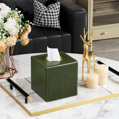 MEIBOOCH Square Tissue Box Cover, Luxury PU Leather Tissue Holder with Magnetic Closure (Dark Green)