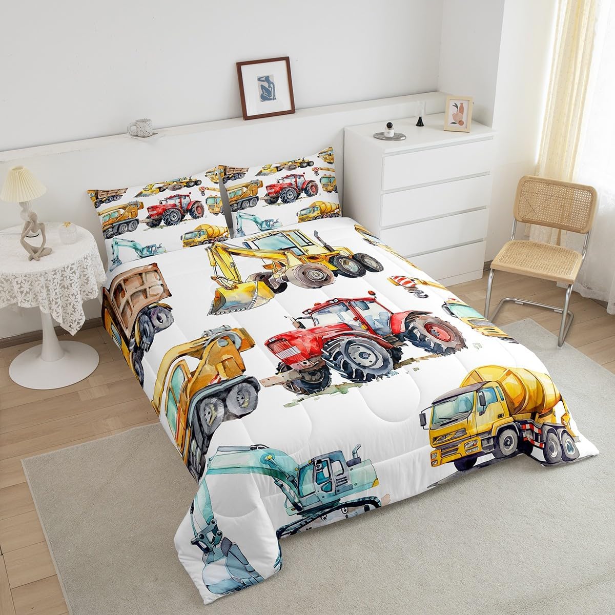 Set Set Erosebridal Kids Excavator Comforter Twin Size, Retro Truck Down Comforter for Boys Girls Teens, Tractor
