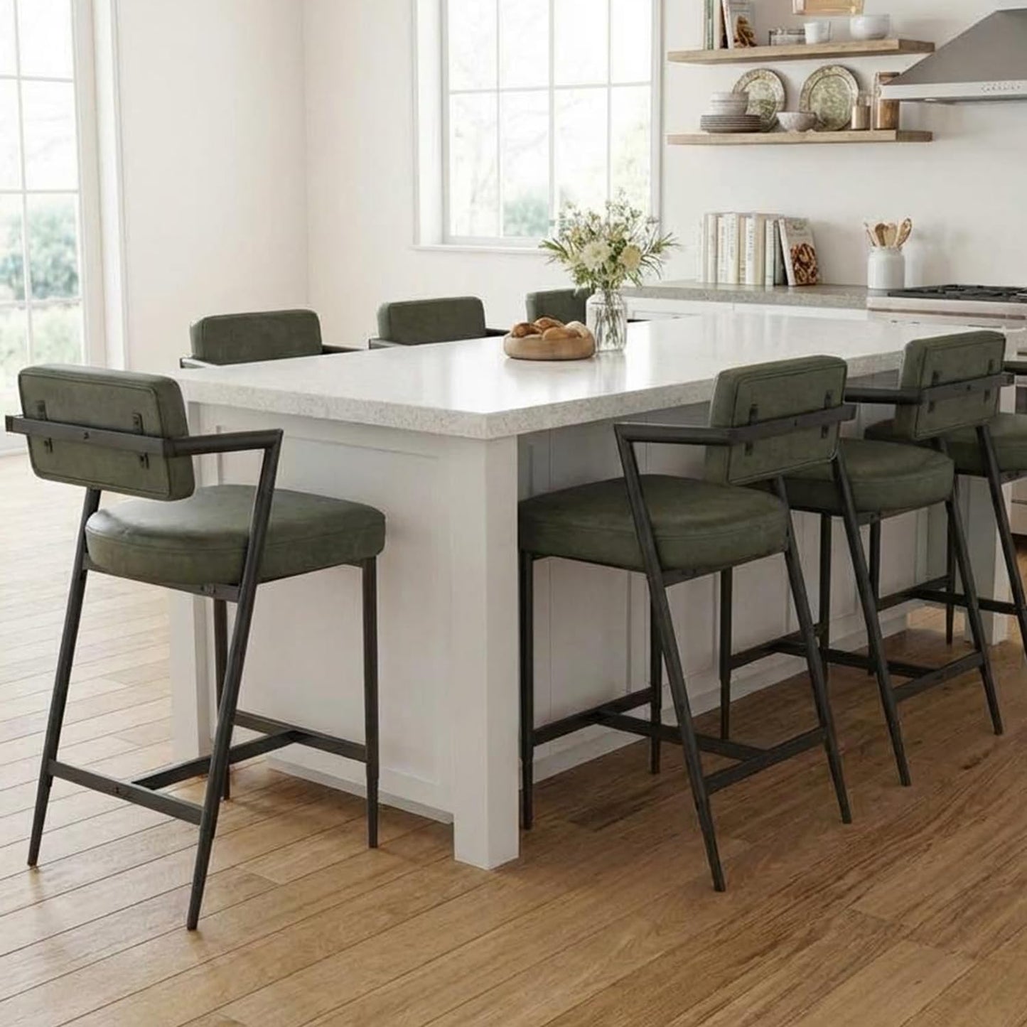Garvee Bar Stools Set of 6 w/Arms & Footrest, Upholstered Bar Stools with Backrest & Thickened Metal Legs, Counter Height Bar Stools with Thick Cushion for Island, Counter Bar, Retro Green