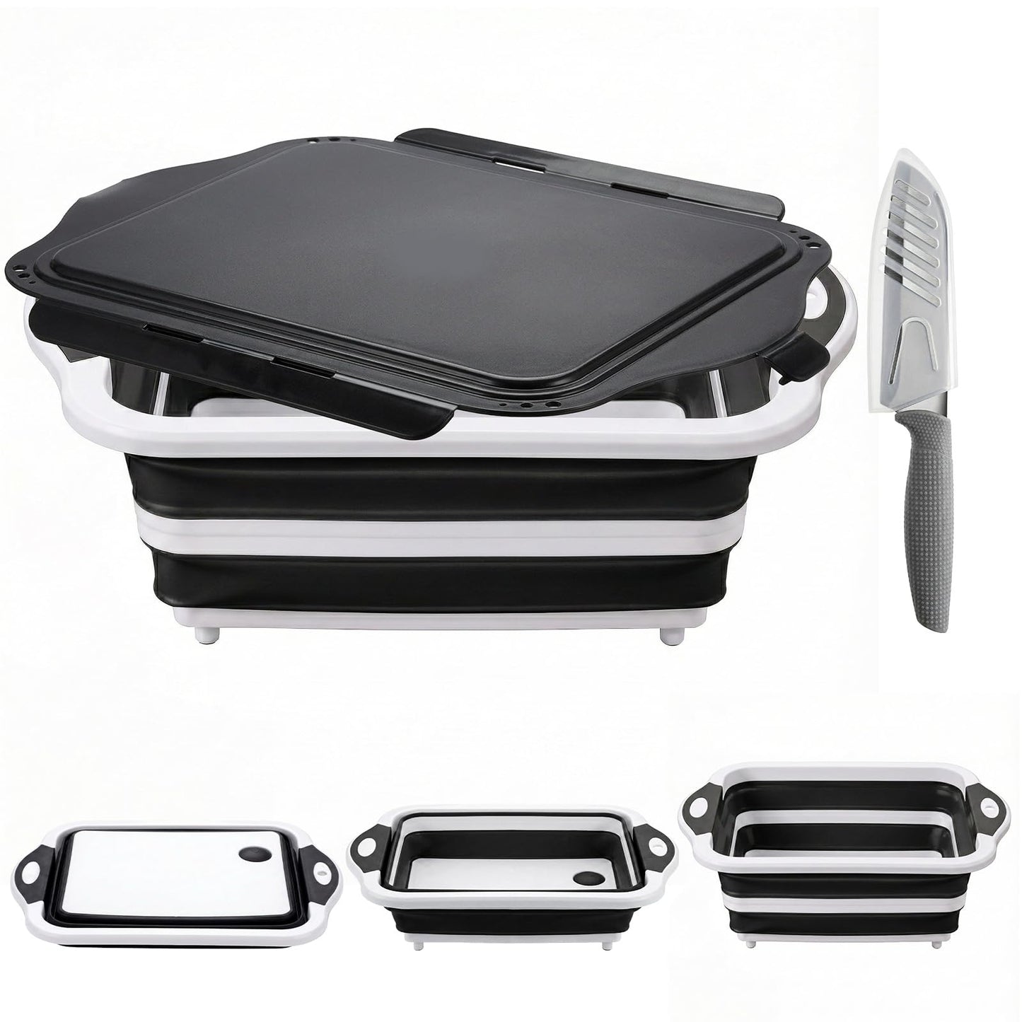 Collapsible BBQ Prep Tub with Lid, Foldable Camping Sink with Colander, Cutting Board, Dish Basin for Kitchen, Bowl, Vegetable and Fruit, Storage Basket for Picnic-Black