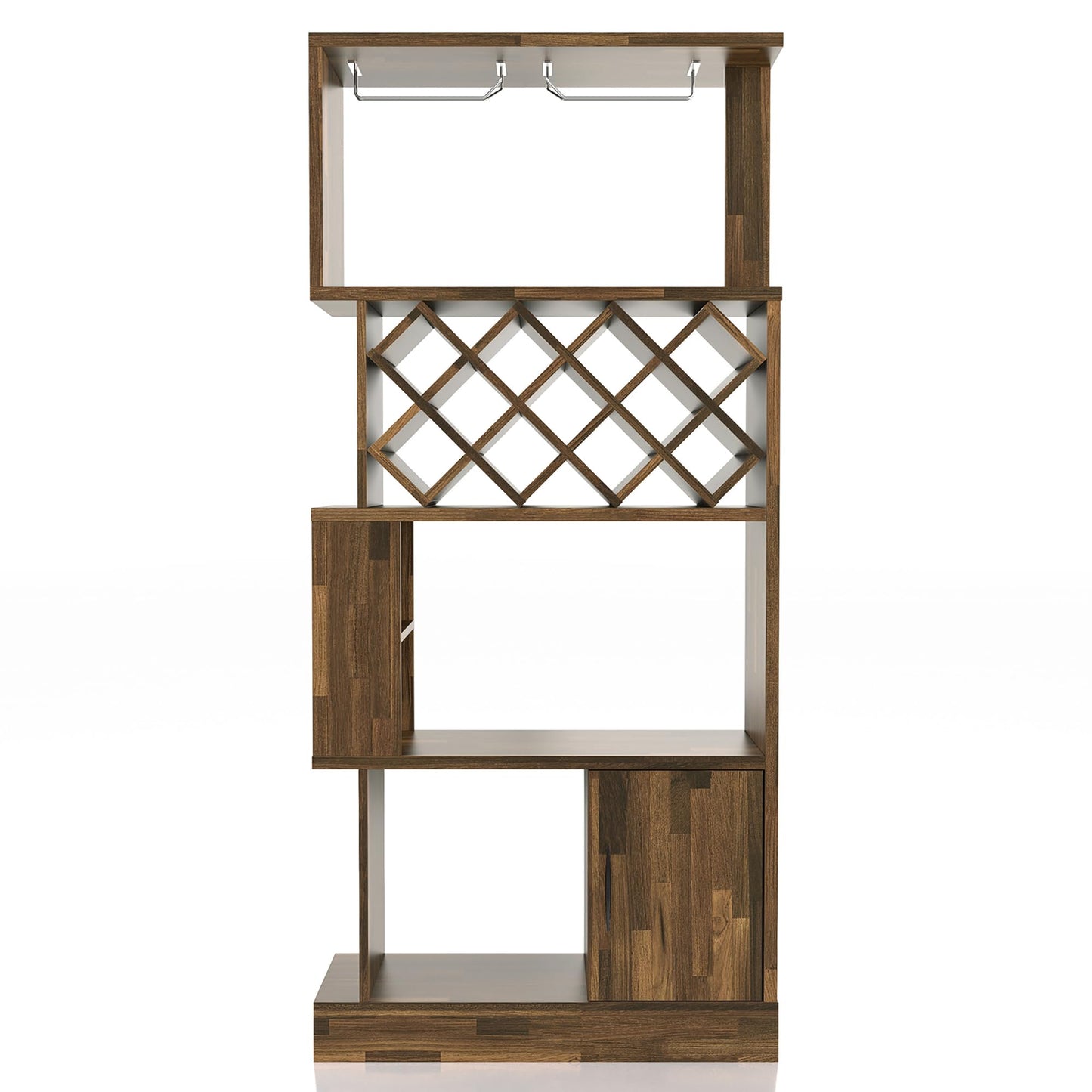 24/7 Shop at Home Arlo Transitional Multi-Storage Wood Wine Cabinet with Stemware Racks for Kitchen Dining Room, Bar, 69", Light Hickory Brown