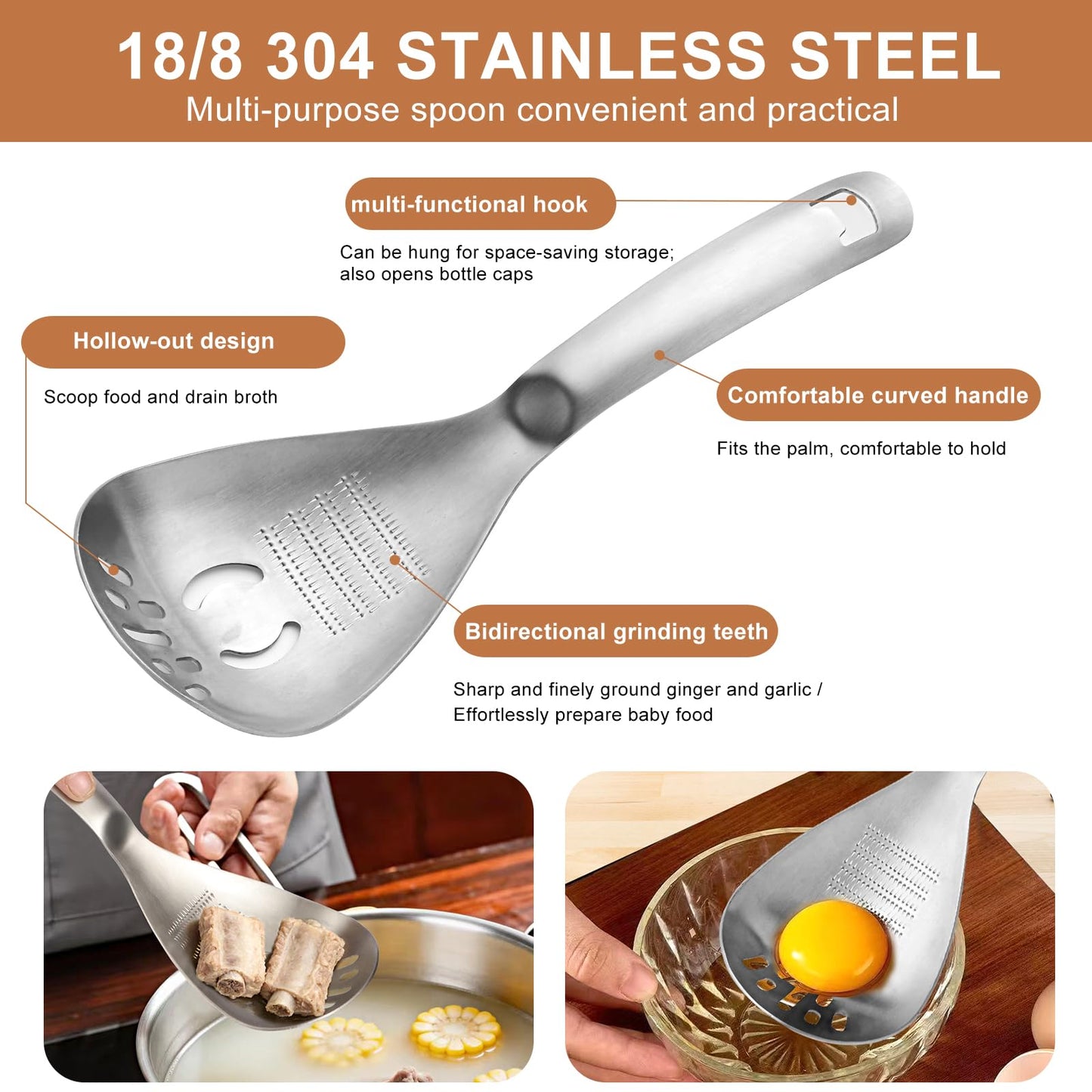SQKM 5 in 1 Spoon Solid, Meat and Potatoes Smasher, Egg Yolk Separator, Potato Masher, Bottle Opener, 18/8 304 Stainless Steel, Heat Resistant for Mixing Stirring, Kitchen & Camping