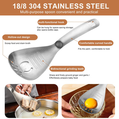 SQKM 5 in 1 Spoon Solid, Meat and Potatoes Smasher, Egg Yolk Separator, Potato Masher, Bottle Opener, 18/8 304 Stainless Steel, Heat Resistant for Mixing Stirring, Kitchen & Camping