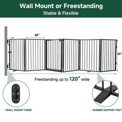 Snagle Paw Full Metal Freestanding Dog Gate with Door, 120” W x 32” H Pet Gate with Support Feet for Doorways, Stairs and Hallways, Portable Dog Fence for Indoor Use (32" 6 Panel, Black)