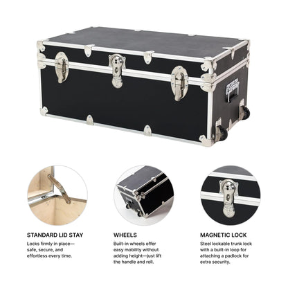 Rhino Trunk & Case Small Essential Trunk With Wheels, Tray, & Lid Organizer - 30"x17"x13", 1000+ lbs Capacity. Strong, USA Made Summer Camp Footlocker, and Secure College Dorm Storage Chest