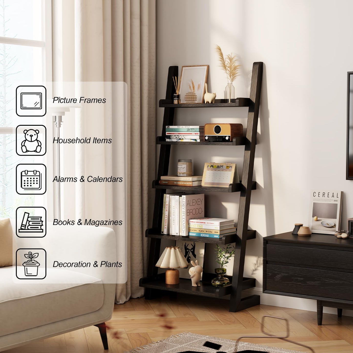 AQIMUELE Black Wooden Ladder Shelf with Edges, 5-Tier Modern Leaning Bookshelf Ladder – Stylish Space-Saving Bookcase for Living Room, Bedroom & Home Office