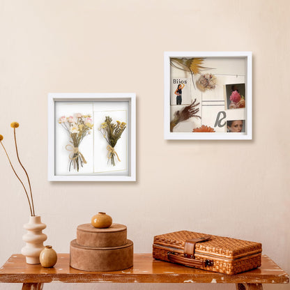 QDSSDECO 12"*12" Shadow Boxes Display Cases with Soft Linen Back Deep Wood Glass 3D Shadow Box Set for Wall and Tabletop, 2 Pack White