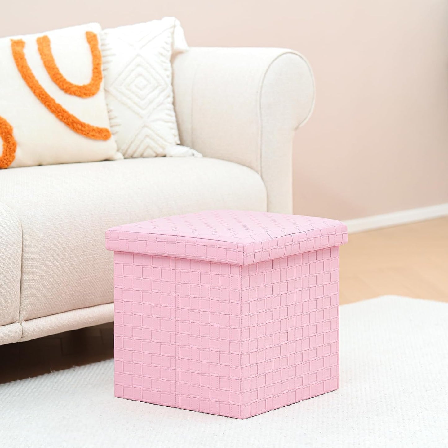 15"x15"x15" B FSOBEIIALEO Storage Ottoman, Faux Leather Footrest Seat, Ottoman with Storage Cube, Storage Box (Pink