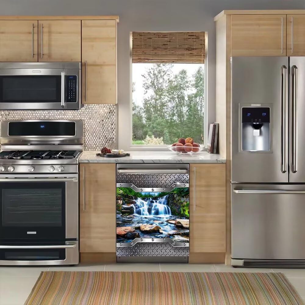 Stainless Steel Style Dishwasher Magnet Cover, Landscape Pattern Refrigerator Door Vinyl Decal, 23" x 26"