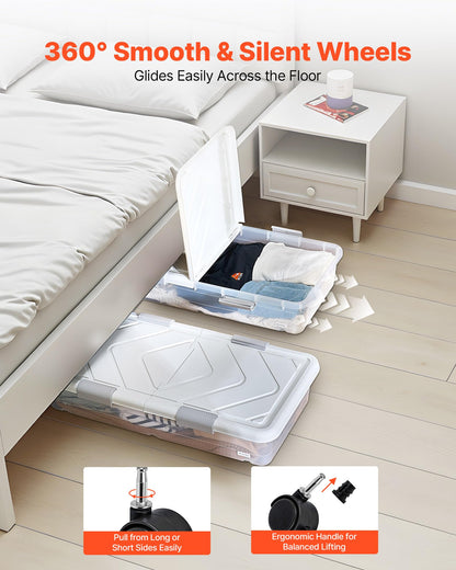 VEVOR Under Bed Storage with Wheels, 31.7 x 15.6 x 6.9 inch Underbed Containers, Underbed Shoes Organizer with Lid & Gray Latch, Rolling Under the Bed Storage Bins for Clothes Shoes Blankets, 4 Pack