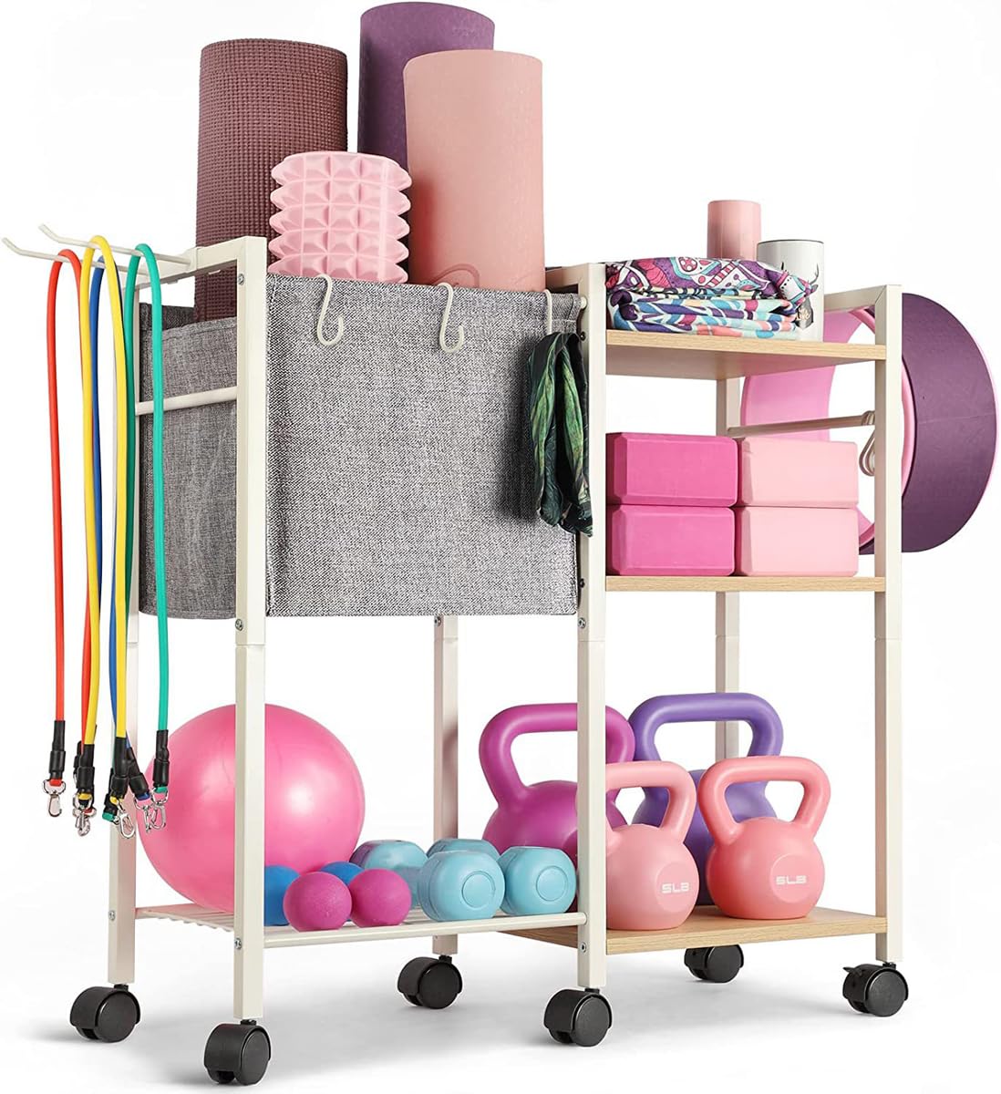KOMFGT Yoga Mat Holder Storage Rack, Yoga Mat Storage Racks for Dumbbells Kettlebells Foam Roller, with Hooks and Wheels,Black (White)
