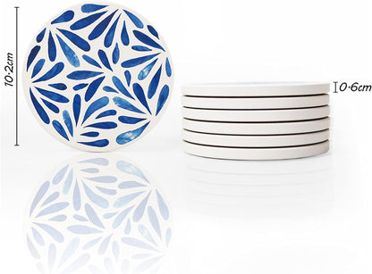 AD Set of 6 Absorbing Round Ceramic Coasters with Cork Base, Tabletop Protection Mat for Mugs & Cups (Indigo Blue)