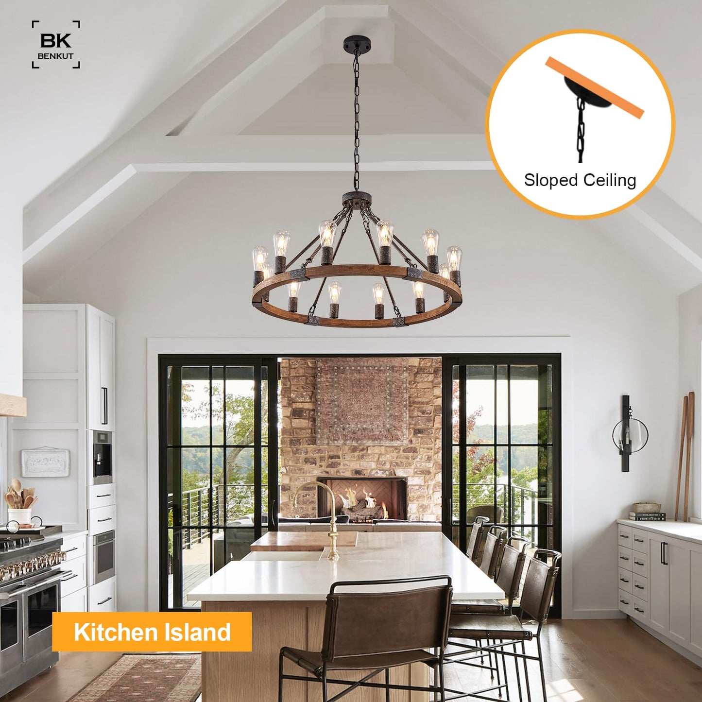 Benkut Farmhouse Wagon Wheel Chandelier 31" Black Rustic Light Fixtures 12-Light Wood Round Chandelier for Dining Room Living Room Entryway Foyer