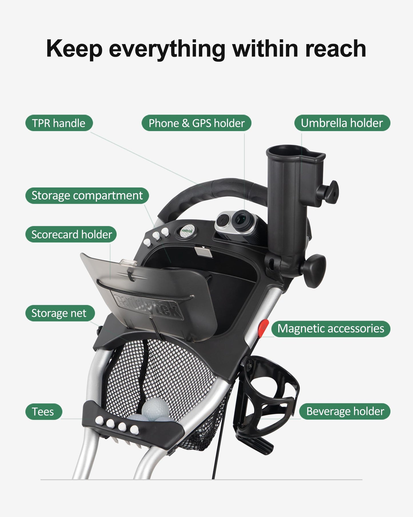 Caddytek CaddyLite EZ V8 Golf Push Cart - Lightweight 3 Wheel Foldable Cart with One-Click 2-Step Folding, EVA Wheels, Adjustable Handle, Cooler Basket, Umbrella & Drink Holder, Compact Golf Cart