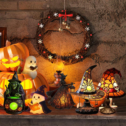 MYSNKU Halloween Ambiance Lamp – Handcrafted Stained Gothic Wizard Hat Night Light Reading Book Lamp, Suitable for Indoor Party & Spooky Outdoor Halloween Decoration, with USB Plug (A Yellow)