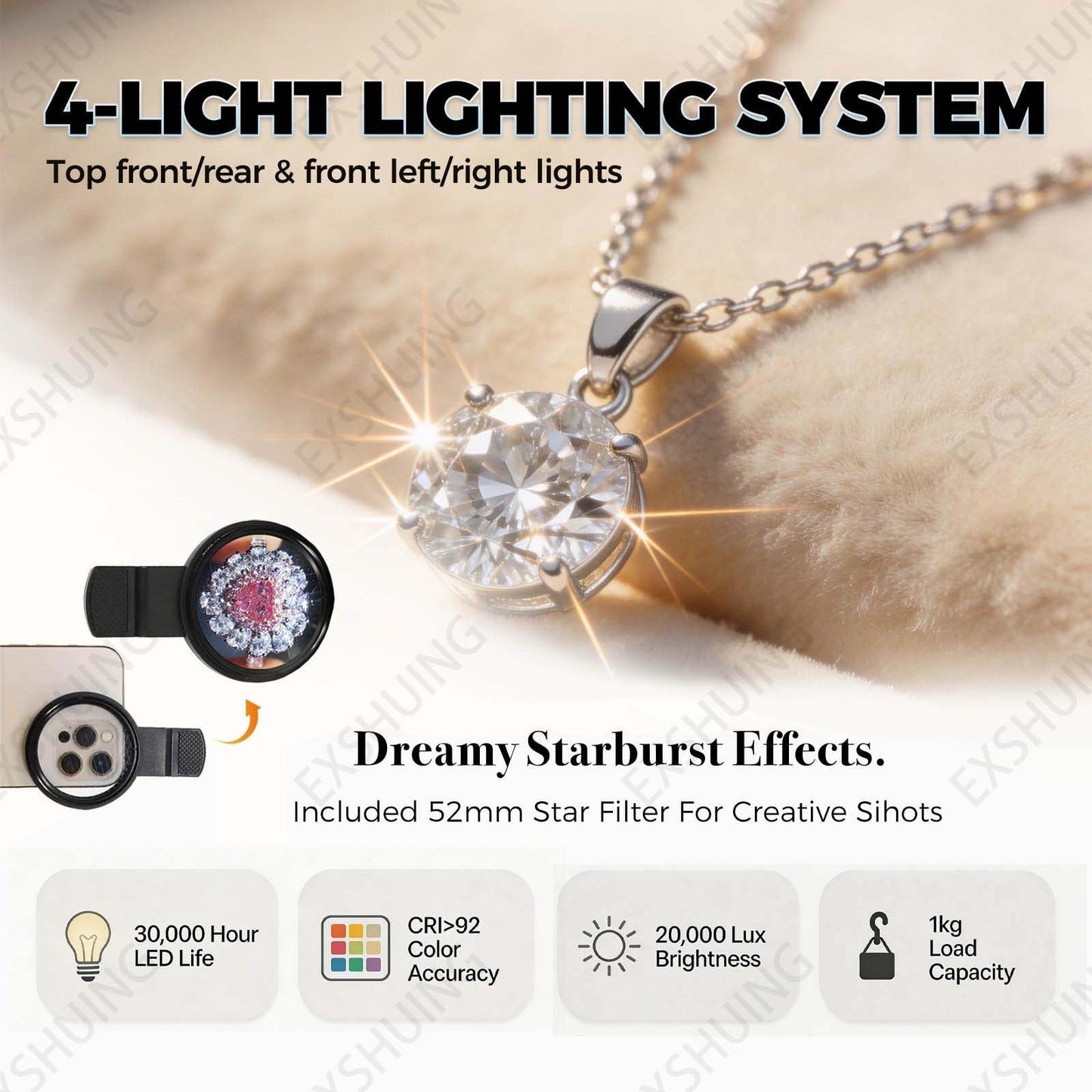 EXSHUING Jewelry Photography Light Box with Turntable, Dimmable Led Photo Tent – 360° Auto-Rotation, 1kg/2.2lbs Load, Hanging Bracket Included, 3000-5500k, CRI>92%, for Stunning Gemstone & Gold(TB30)
