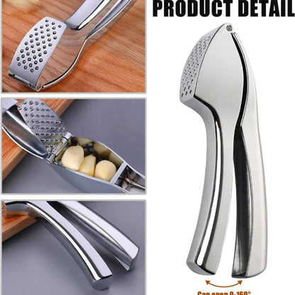 Garlic Press, Garlic Peeler and Cleaning Brush as 1 Set, Heavy Duty and Rust Proof Garlic Press Made of 304 Stainless Steel for Home and Kitchen Tools, Easy to Use & Dishwasher Safe