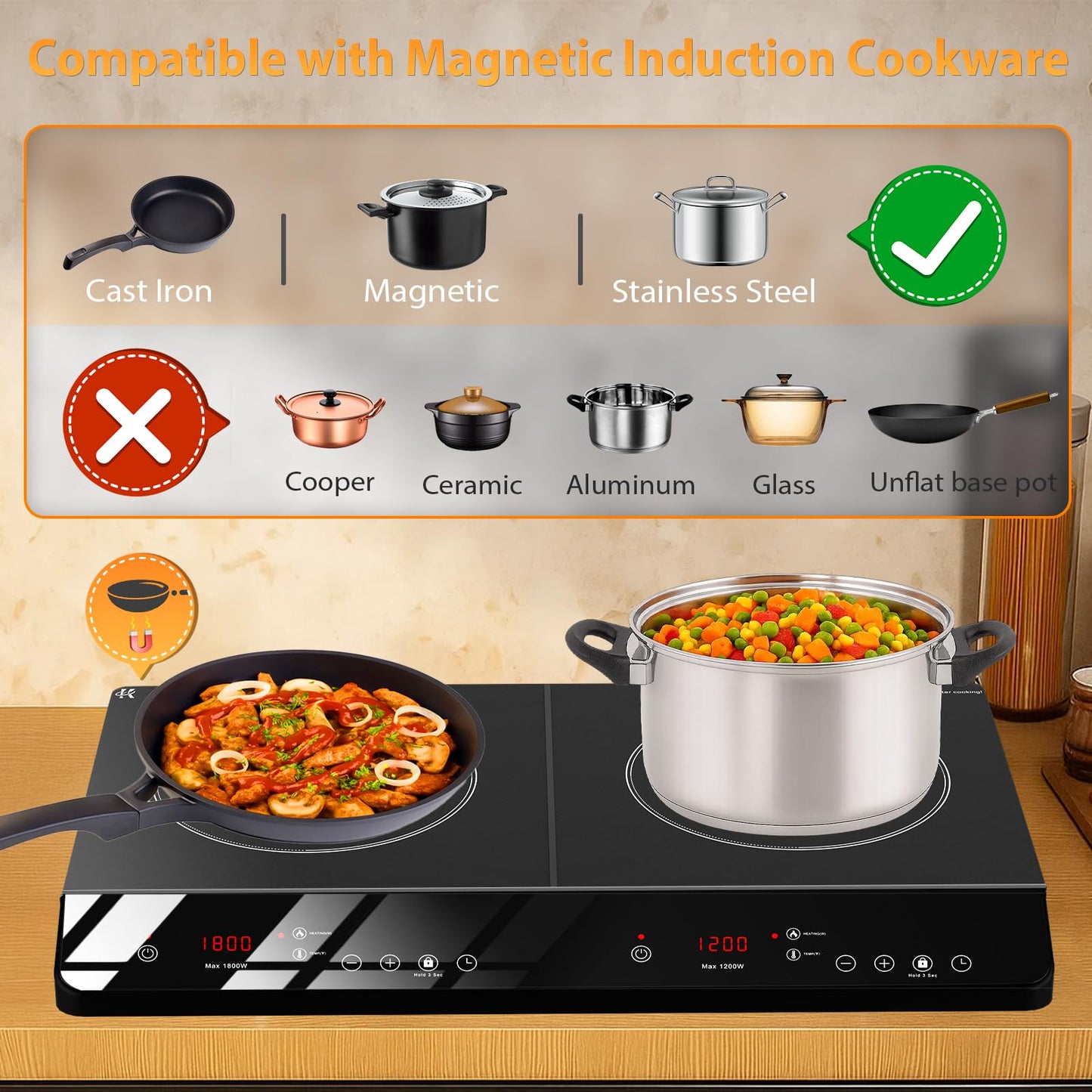 JollyOne Double Burner Induction Cooktop, 1800W Portable Induction Cooktop 2 Burner with 9 Temp & Power Independent Touch Control, Electric Stove Top Cooker with Safety Lock, 3 Hour Timer