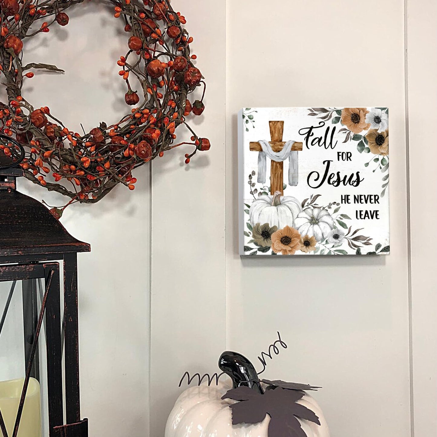 Christian Sign Fall Decor, Rustic Wood Box Desk Decor for Living Room and Bedroom, 5x5 Inch "Fall for Jesus He Never